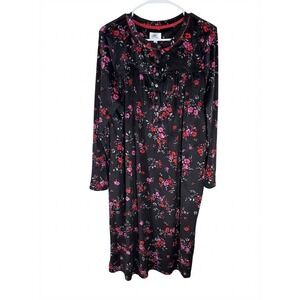 Aria Knit Velour Long Sleeve Sleepwear Nightgown Dress Black Pink Red Floral L